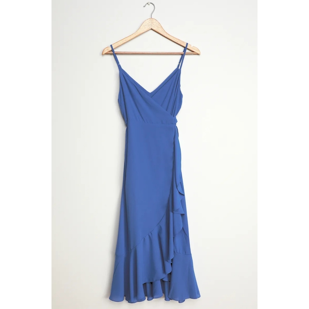 Lulu's Manhattan Moment Blue Ruffled Wrap Dress